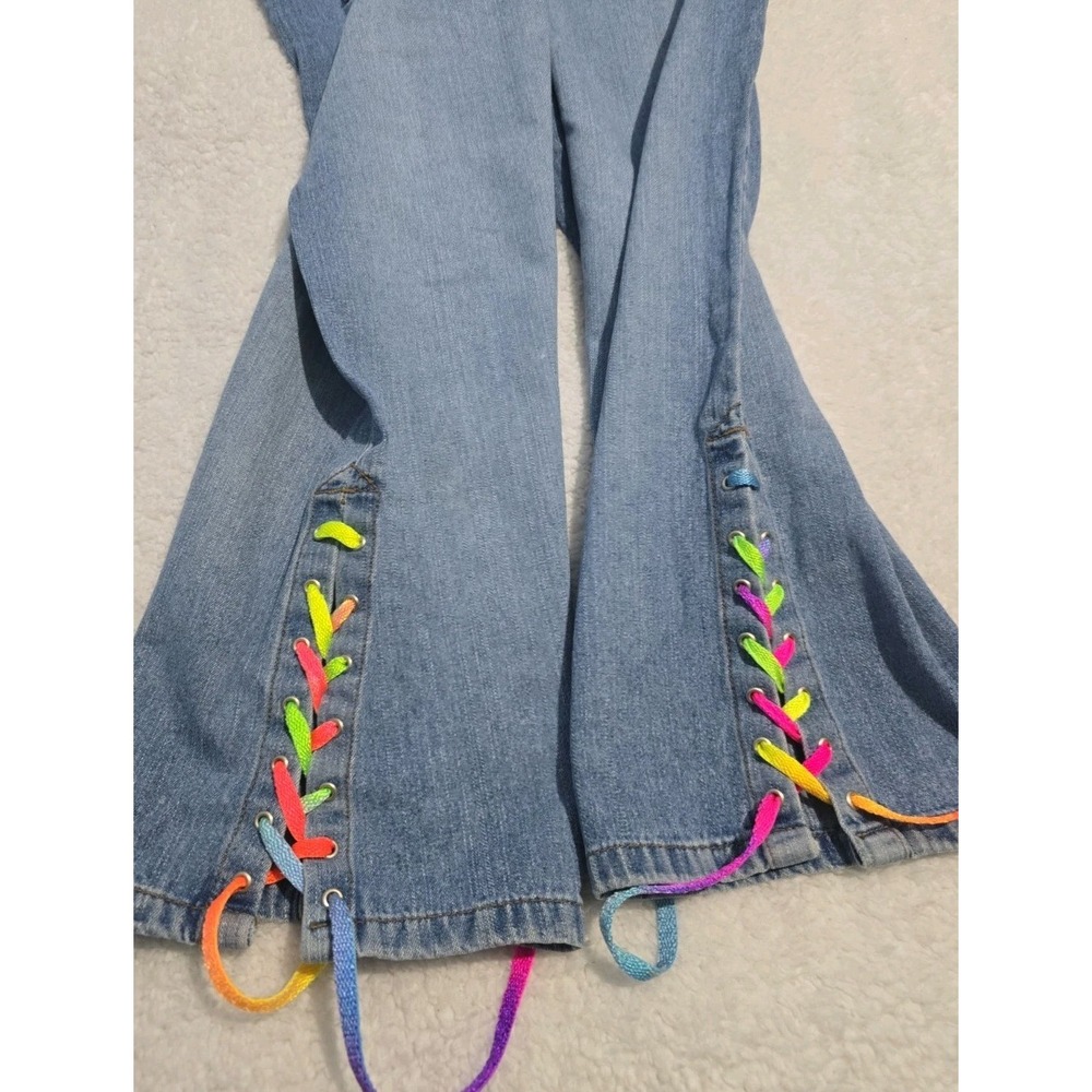 Vintage Y2K-era Faded Glory Denim Capris Sz 10 With Neon Rainbow Lace-up Ties - Picture 7 of 8